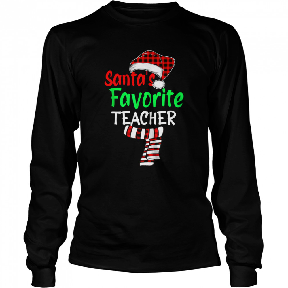 Santa’s Favorite Teacher Christmas Santa Red Plaid  Long Sleeved T-shirt