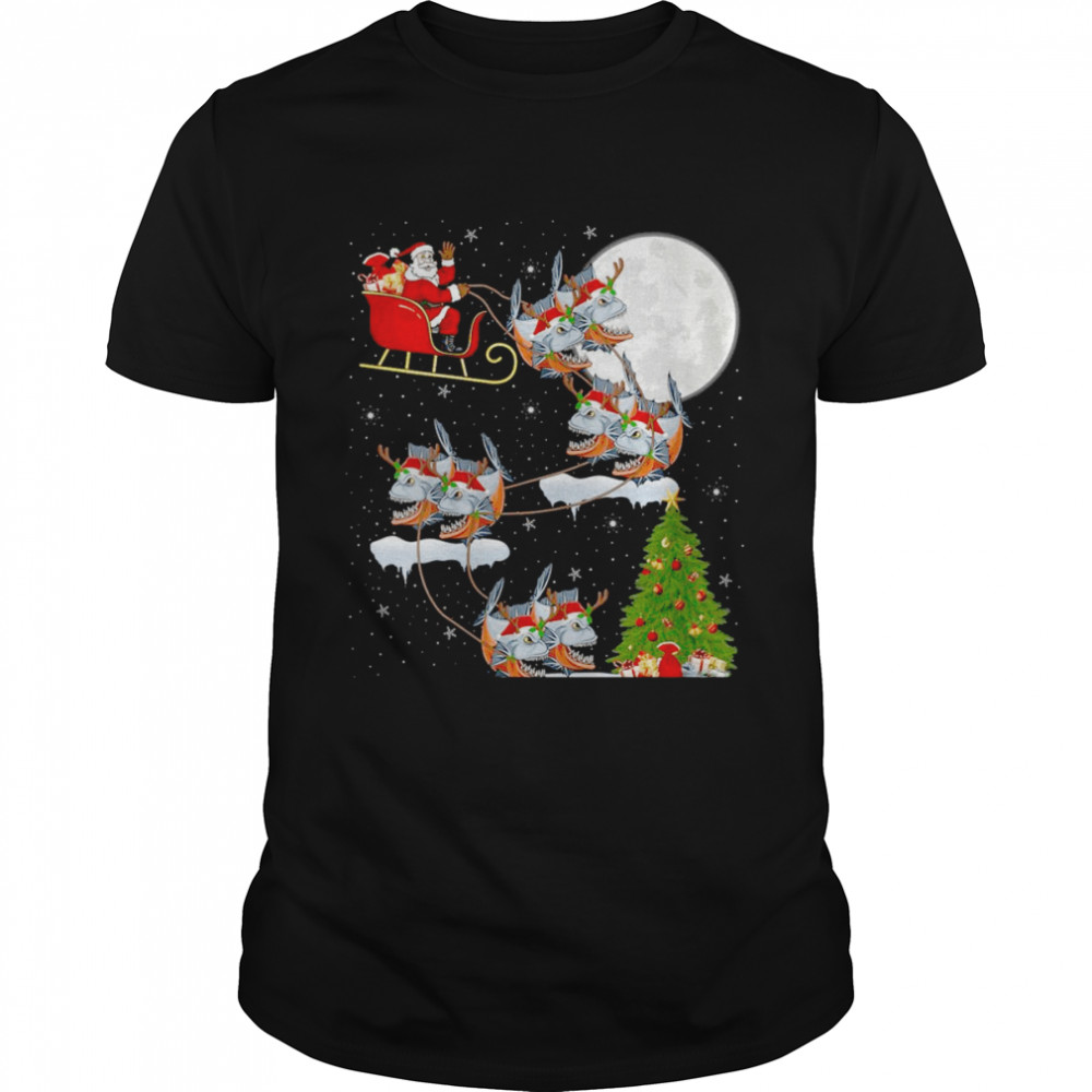 Xmas Lighting Tree Santa Riding Piranha Fish Christmas Shirt