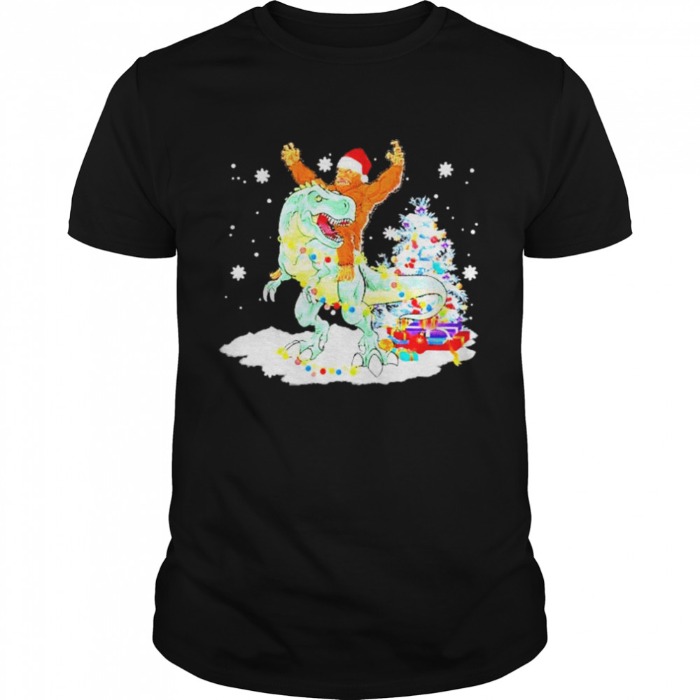 Bigfoot Sasquatch Riding Dinosaur T Rex Christmas Shirt