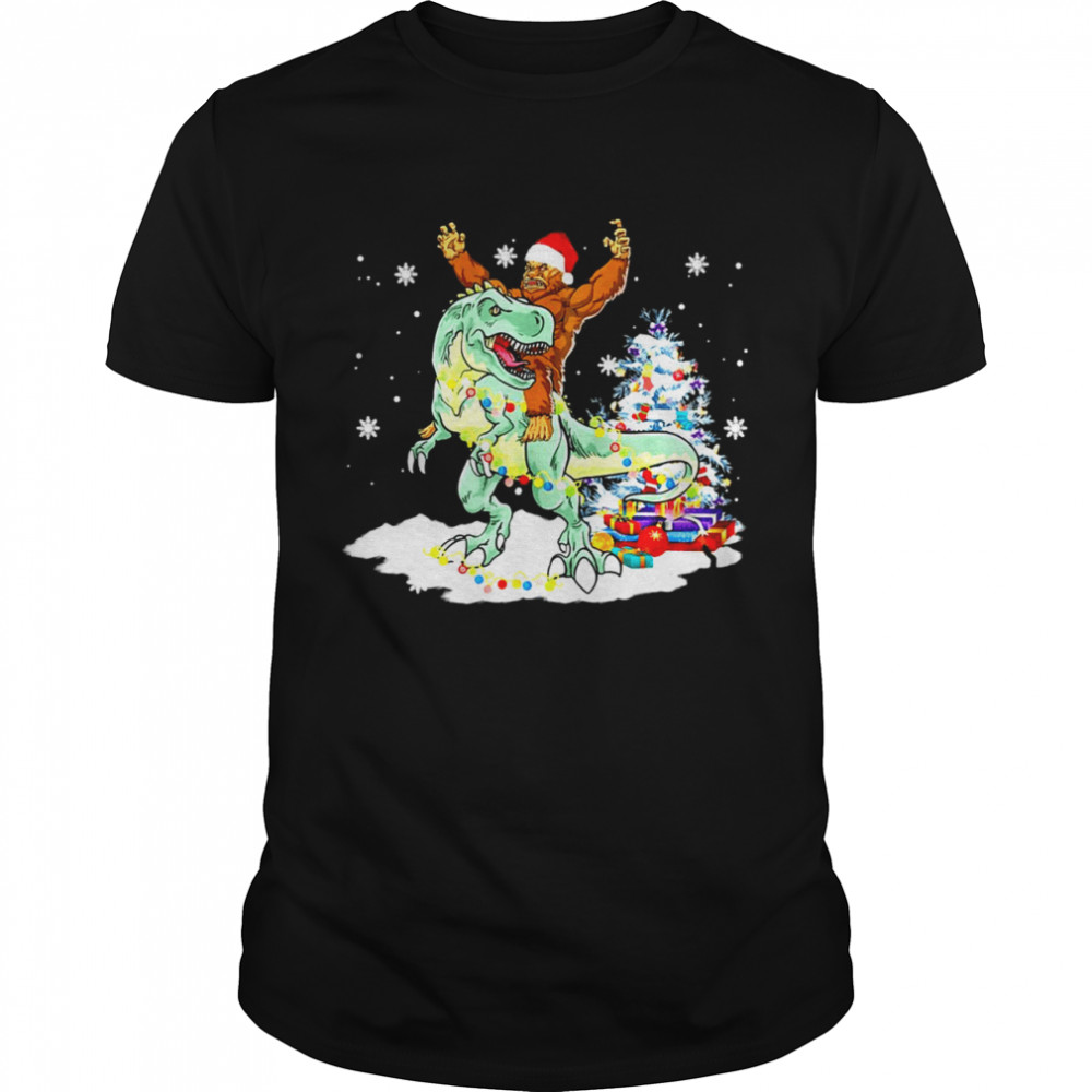 Bigfoot Sasquatch Riding Dinosaur T-Rex Christmas Sweater T-shirt