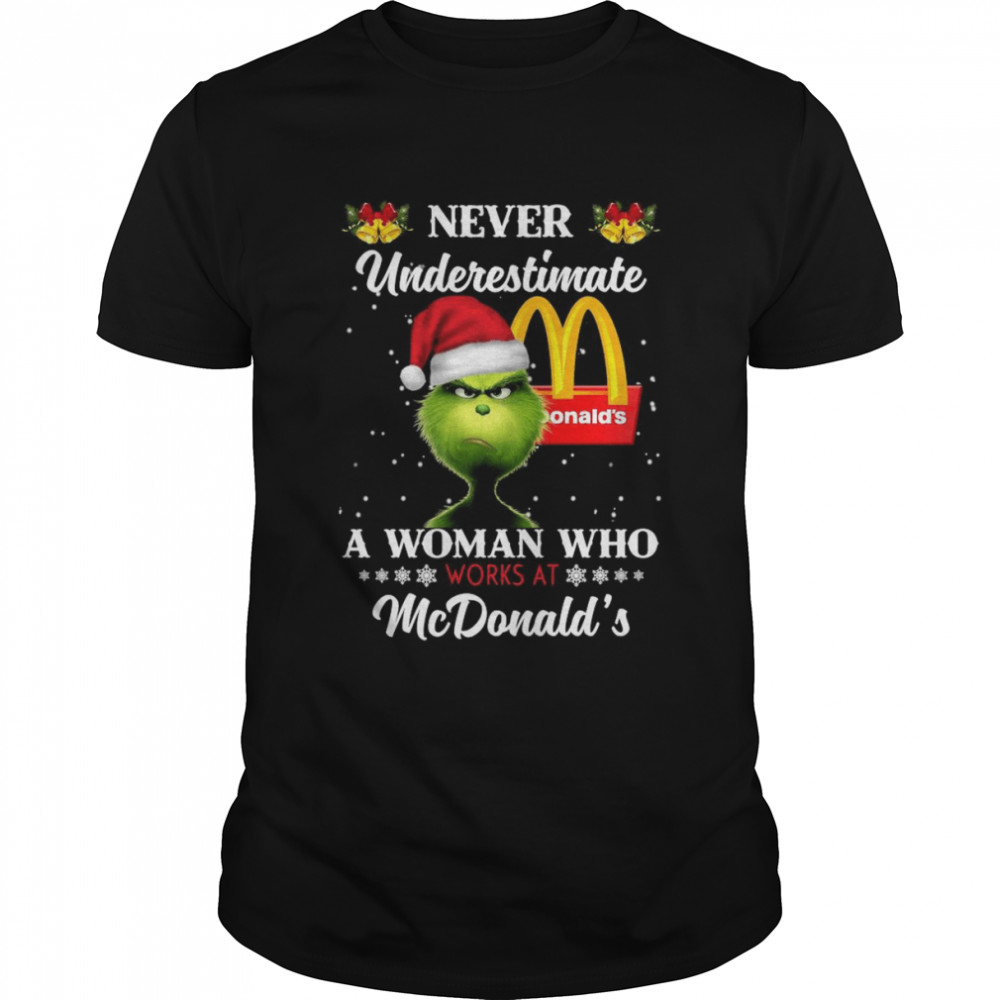 Grinch Santa Hat Never Underestimate A Woman Who Works At McDonald’s Merry Christmas Shirt