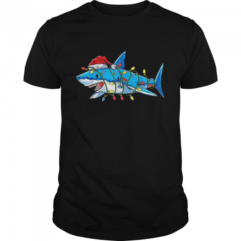 Santa Shark Christmas Lights Boys Sharkmas Xmas Shirt