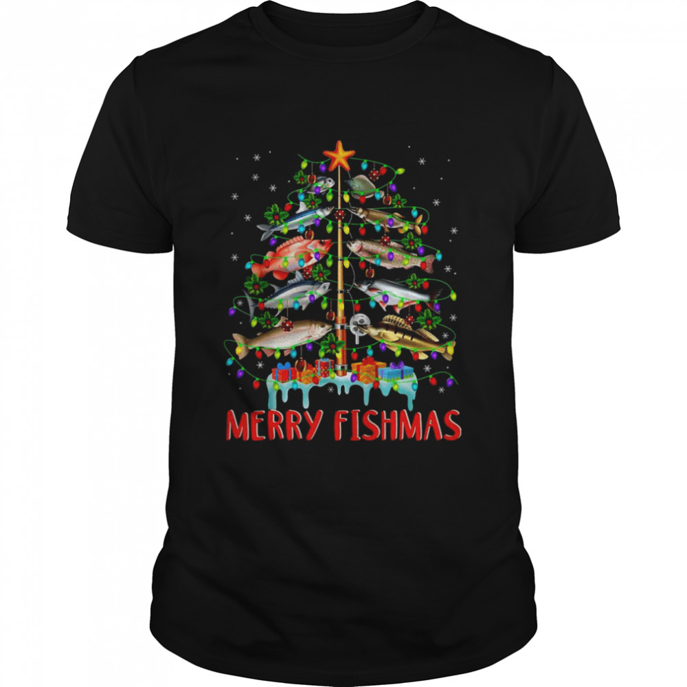 Merry Fishmas Funny Christmas Tree Lights Fish Fishing Rod Shirt