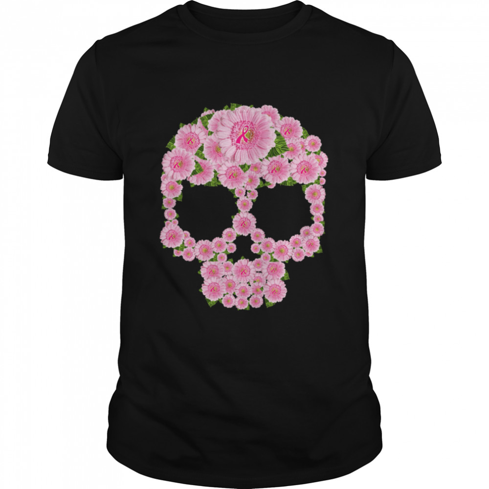 Breast Cancer Awareness Pink Flower Skull And Ribbon shirt