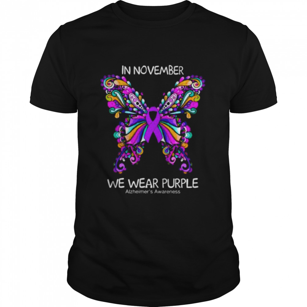 Butterfly In november we wear purple Alzheimer’s awareness shirt