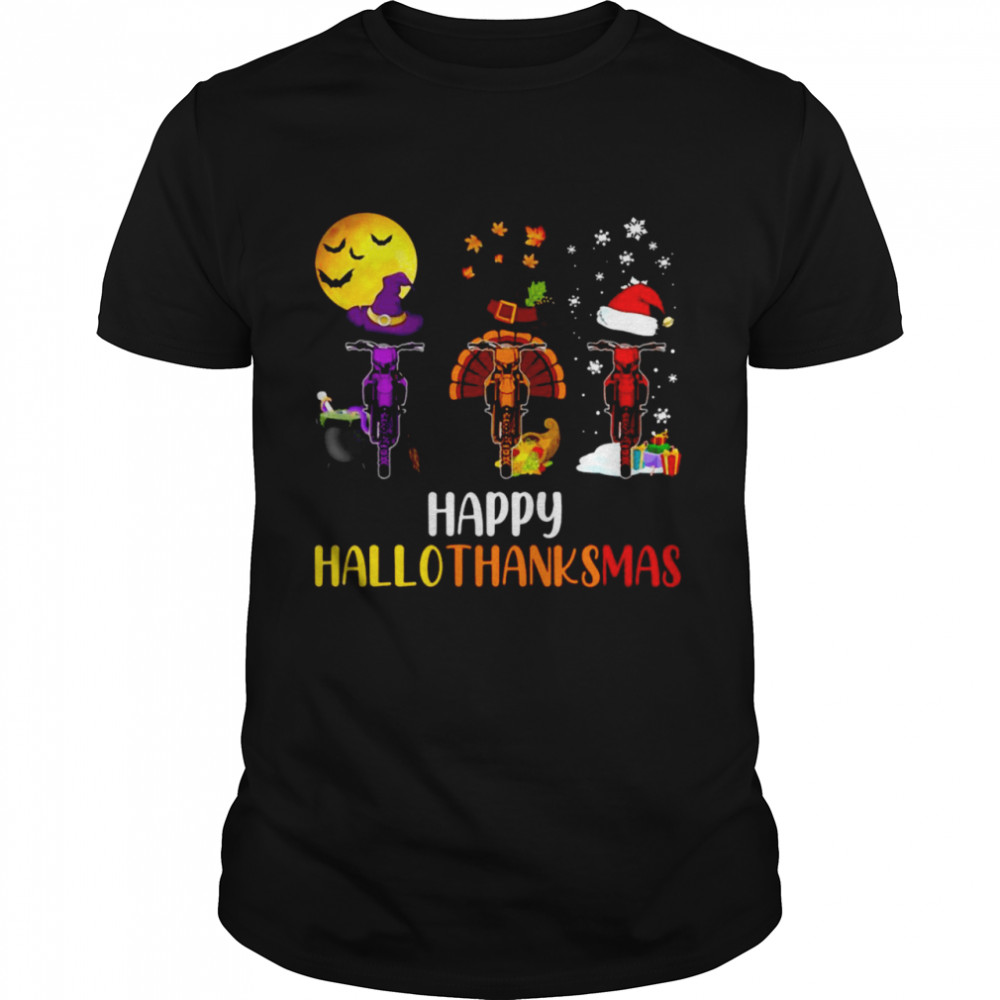 Happy HalloThanksMas Dirt Bike Halloween Thanksgiving Christmas T-shirt