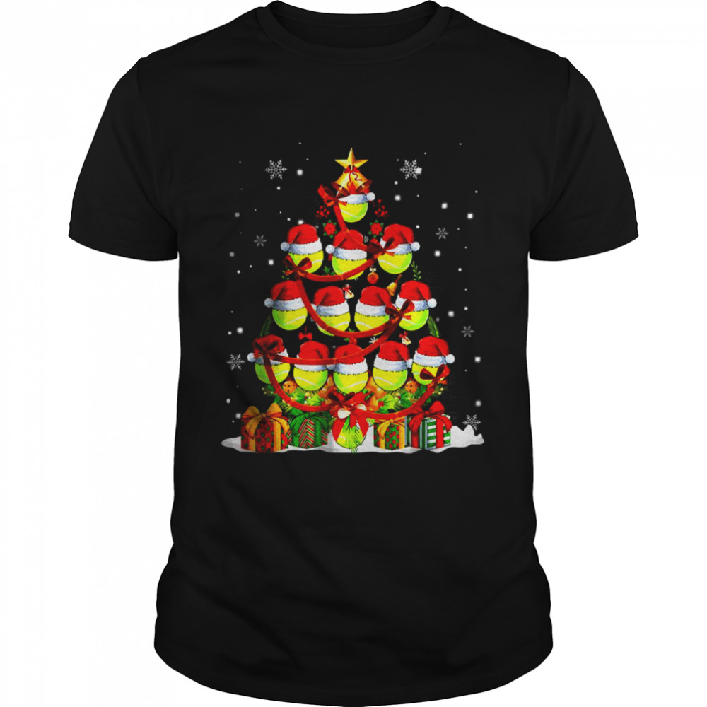 Santa Claus Tennis Ball Xmas Tree Lights Merry Christmas Day T-Shirt