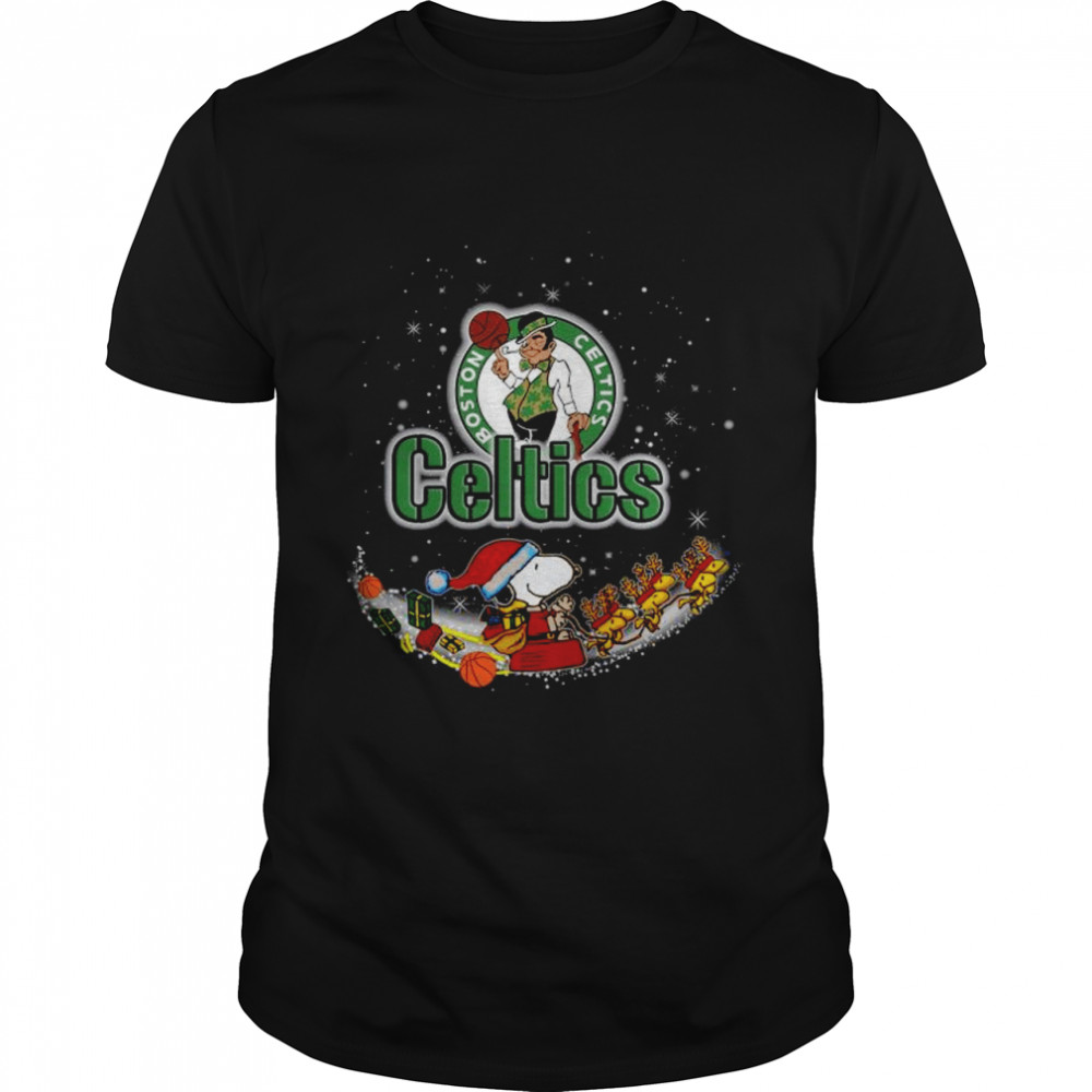 Santa Snoopy and Woodstock Boston Celtics 2021 Christmas shirt