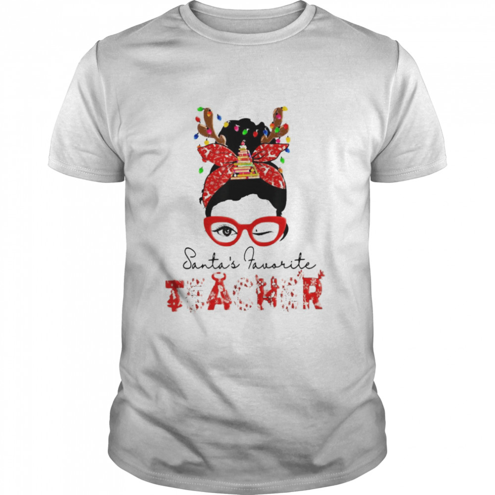 Santa’s Favorite Teacher Messy Bun Pajamas Christmas Shirt