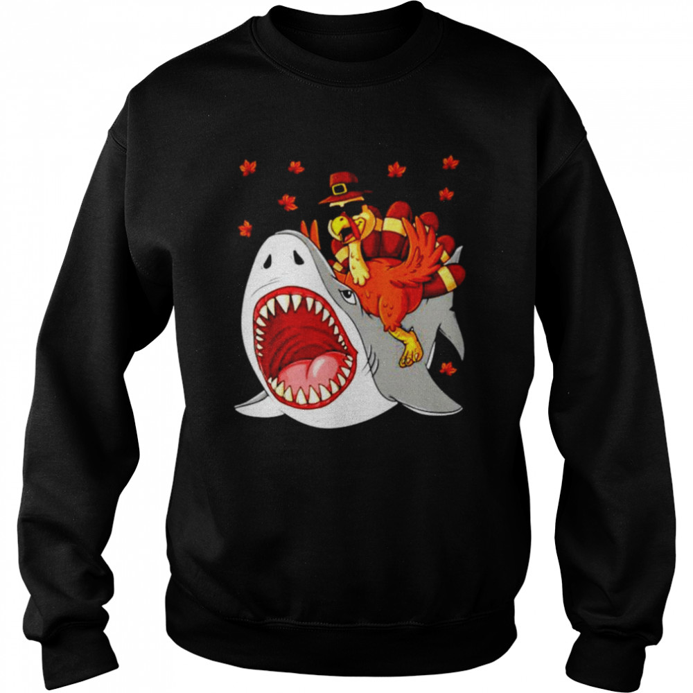 Thanksgiving Turkey riding shark shirt Unisex Sweatshirt