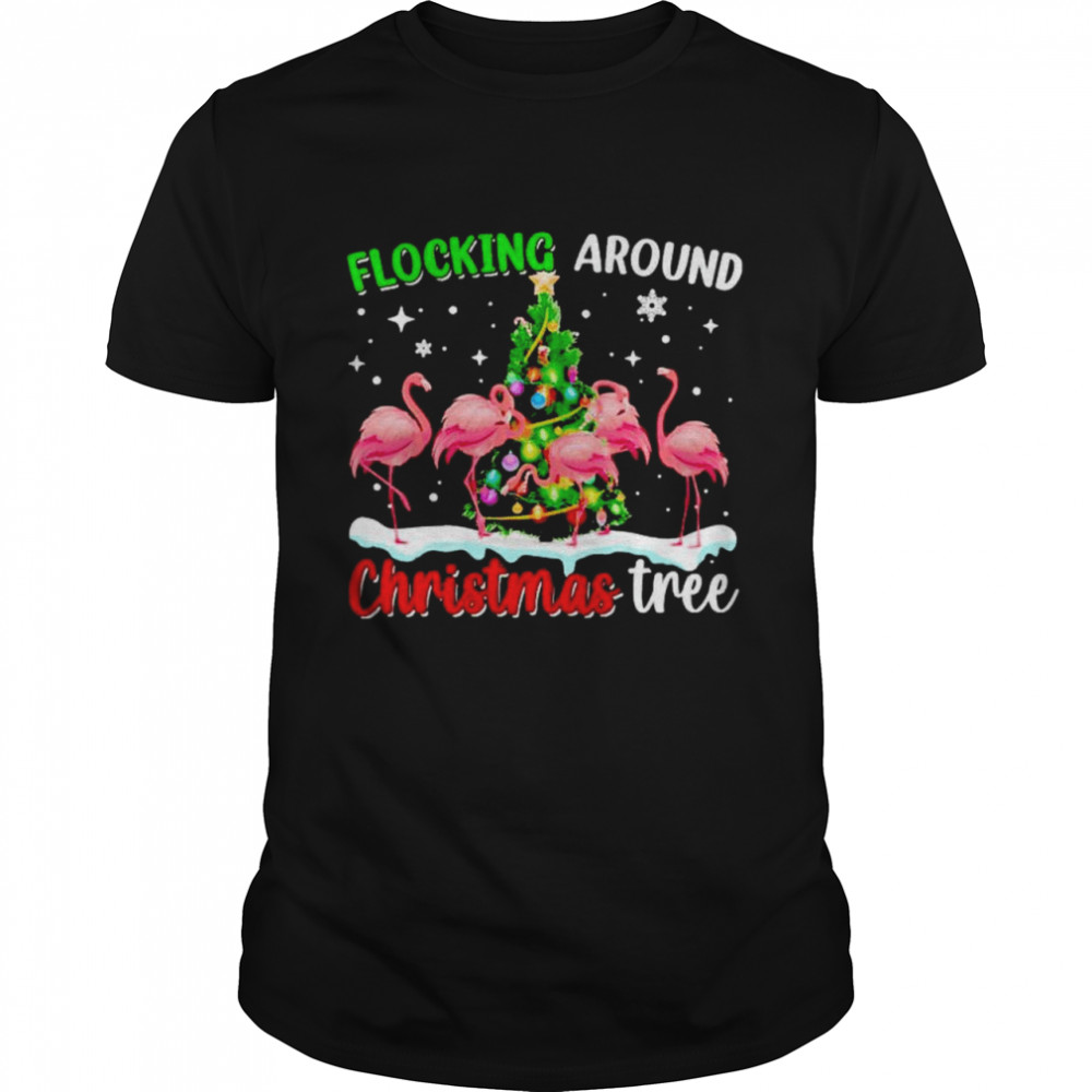 Original flamingo flocking around Christmas tree sweater