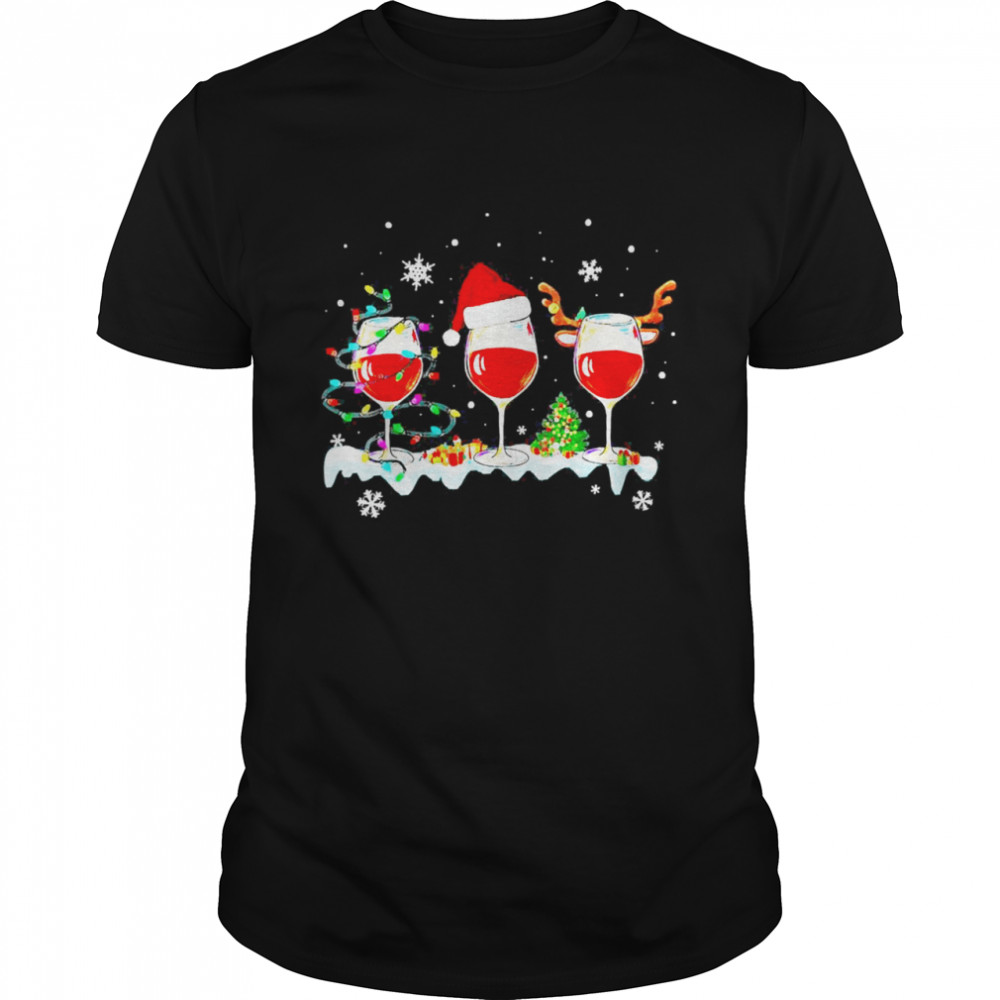 Three Wine Glasses Santa Hat Christmas Wine T-shirt