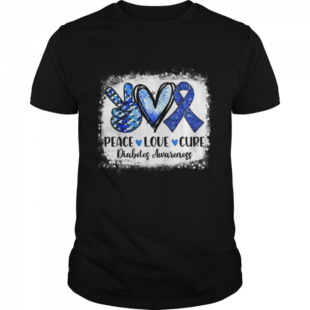 Peace Love Cure Grey Blue Ribbon Diabetes Awareness Bleached Shirt