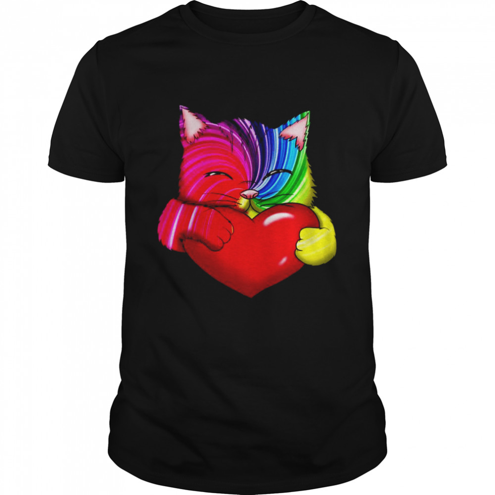 Bunte Katze mit roten Herz Kunst Regenbogen Kater Pop Art Shirt