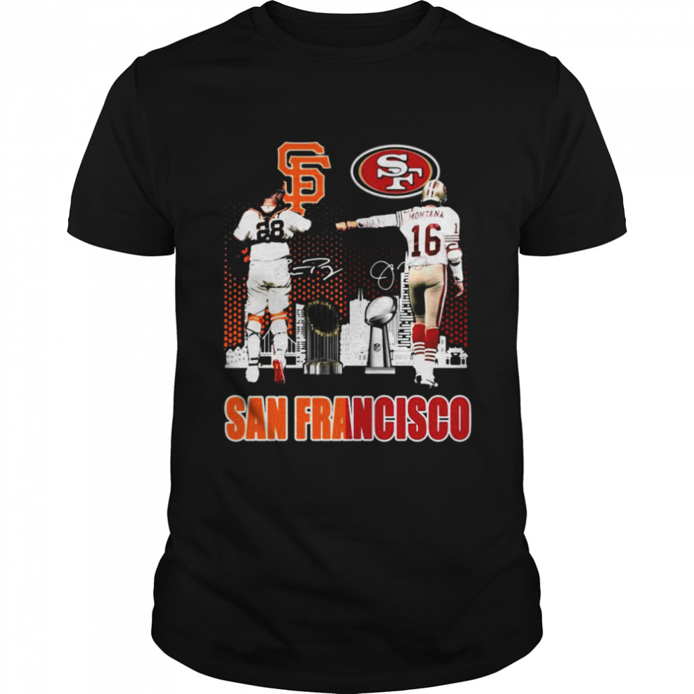 an Francisco sport San Francisco Giants Buster Posey and San Francisco 49ers Joe Montana signatures shirt