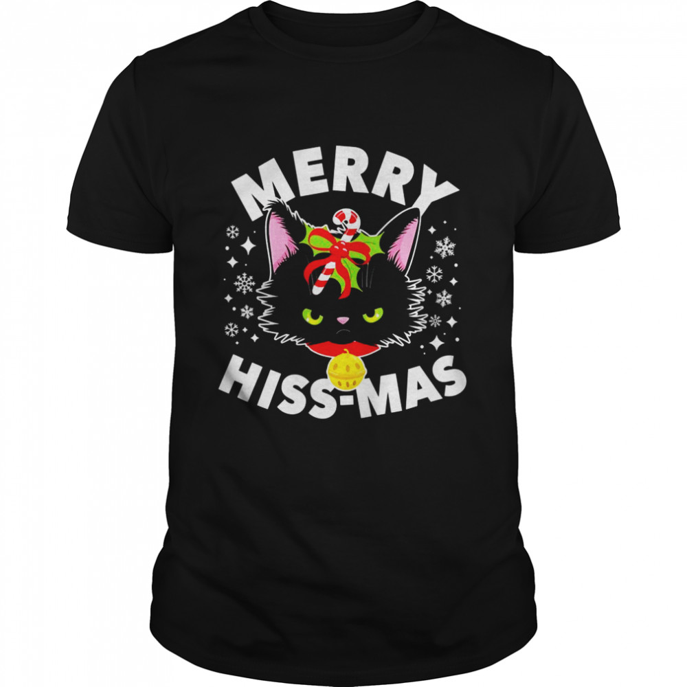 Angry Cat Merry Hiss Mas Pun Holly Black Cute Cats Christmas Shirt