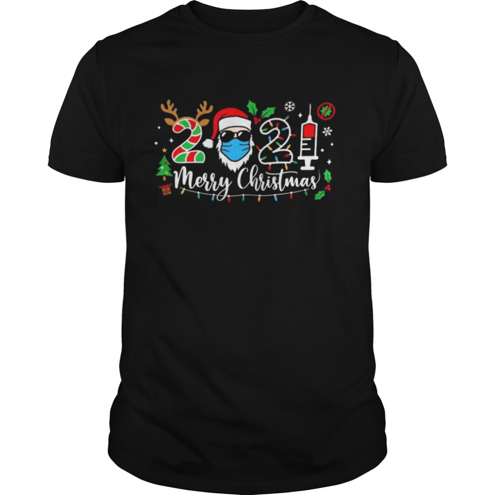 Santa In Sunglasses Wearing Mask 2021 Vaccine Merry Christmas Shirt