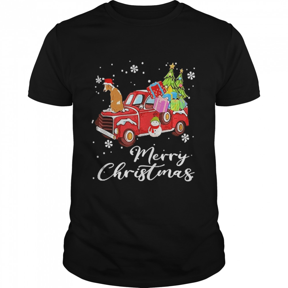 Whippet Riding Red Truck Merry Christmas Shirt