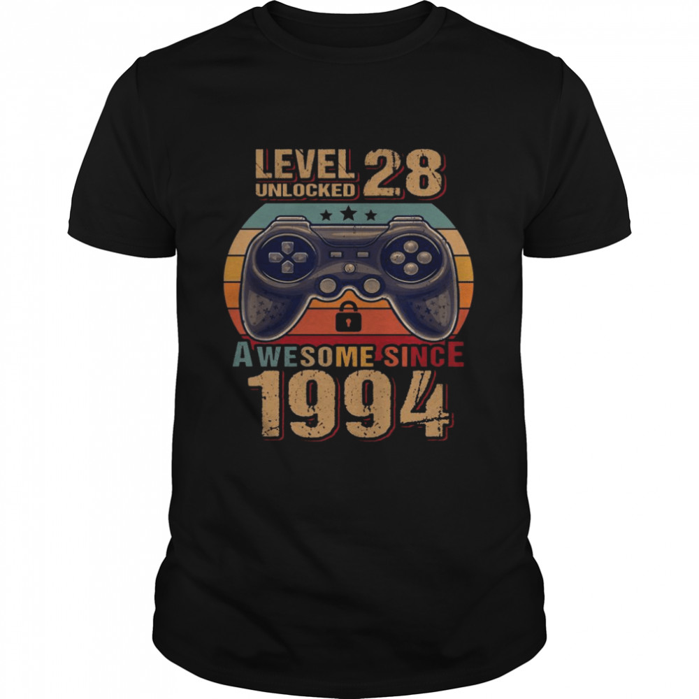 Level 28 Unlocked Awesome Since 1994 28th Birthday Gamer Shirt
