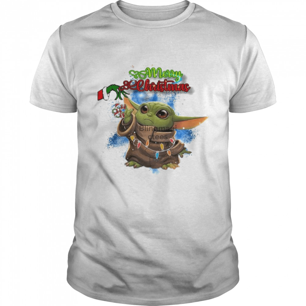 Merry Christmas Grinch hand holding Ho Ho Ho Baby Yoda lights Shirt