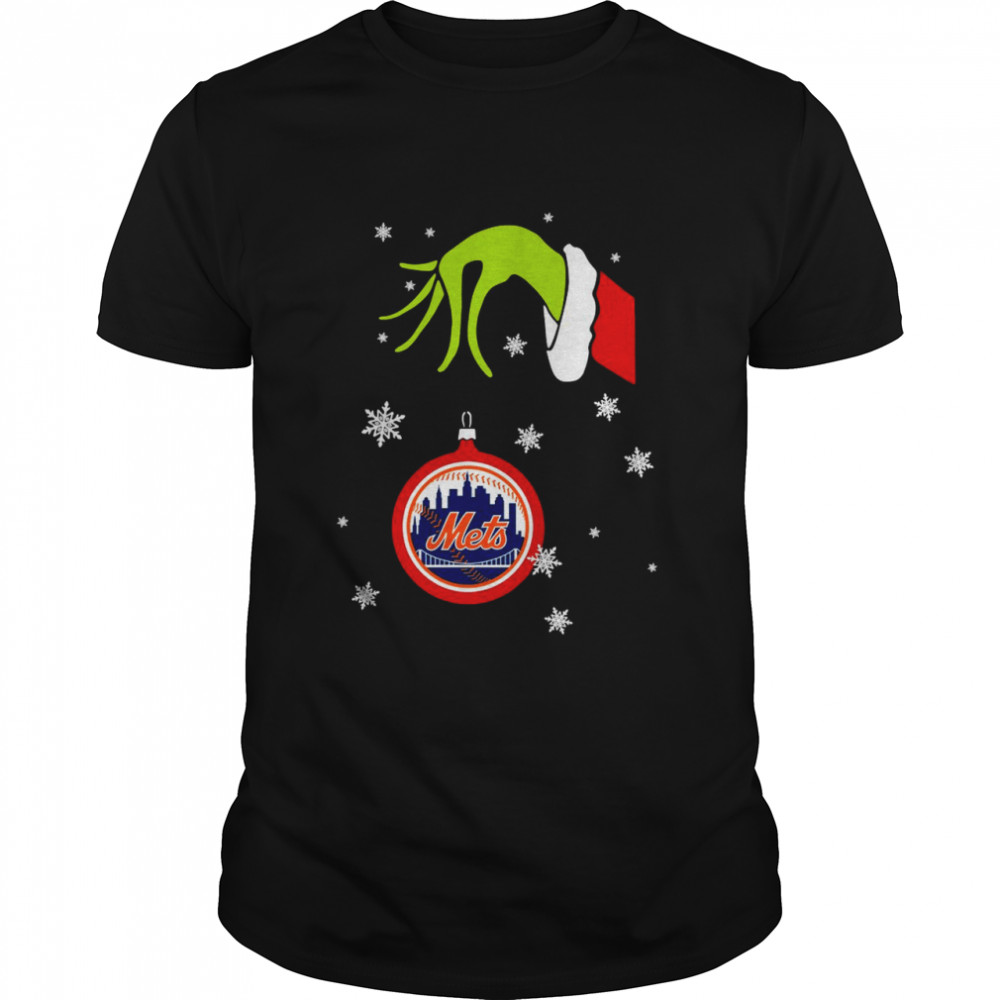 Grinch Hand holding Ornament New York Mets Snowflake Christmas shirt