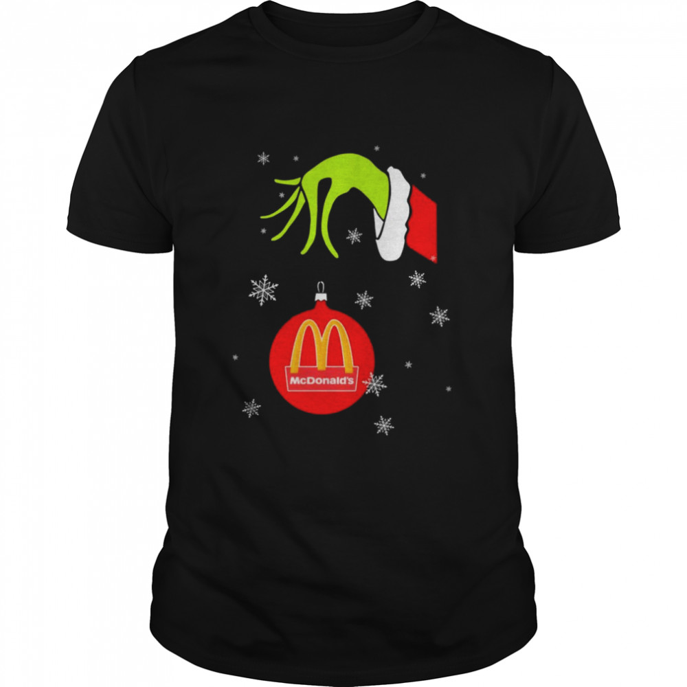 Grinch Hand holding Ornament McDonald’s Snowflake Christmas shirt