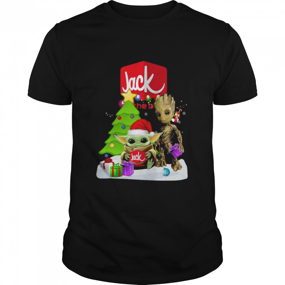 santa Bigfoot and Baby Yoda hug Jack In The Box Snow Christmas Tree shirt