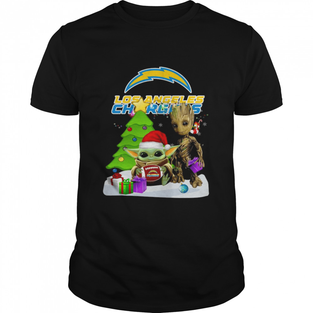 santa Bigfoot and Baby Yoda hug Los Angeles Chargers Snow Christmas Tree shirt