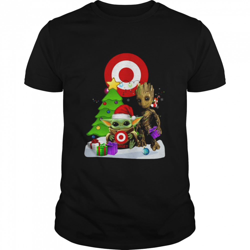 santa Bigfoot and Baby Yoda hug Target Snow Christmas Tree shirt