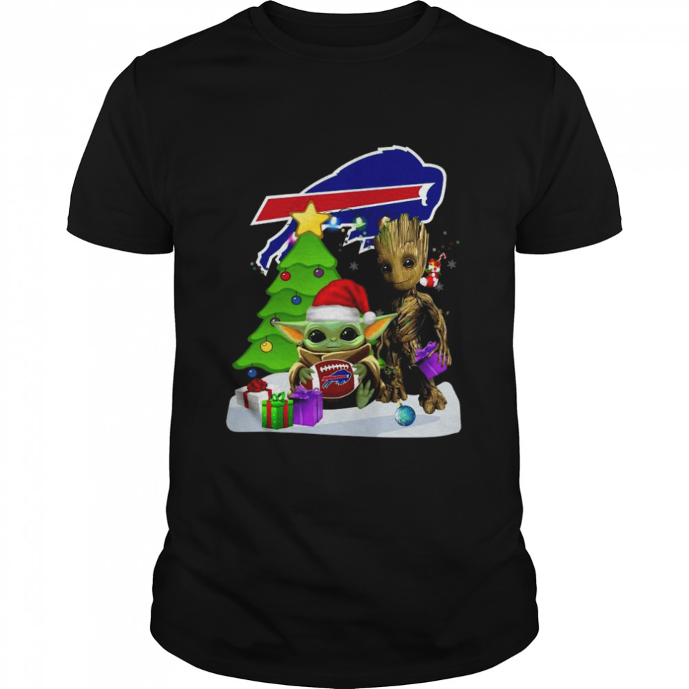 Santa Groot and Baby Yoda hug Buffalo Bills Snow Christmas Tree shirt