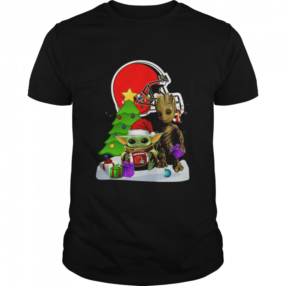 Santa Groot and Baby Yoda hug Cleveland Browns Snow Christmas Tree shirt