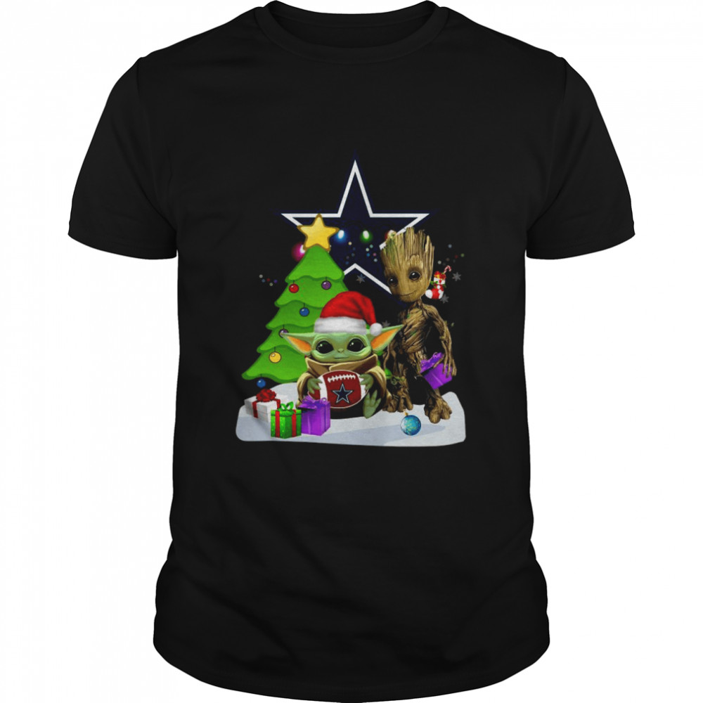 Santa Groot and Baby Yoda hug Dallas Cowboys Snow Christmas Tree shirt