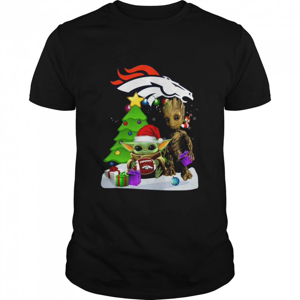Santa Groot and Baby Yoda hug Denver Broncos Snow Christmas Tree shirt