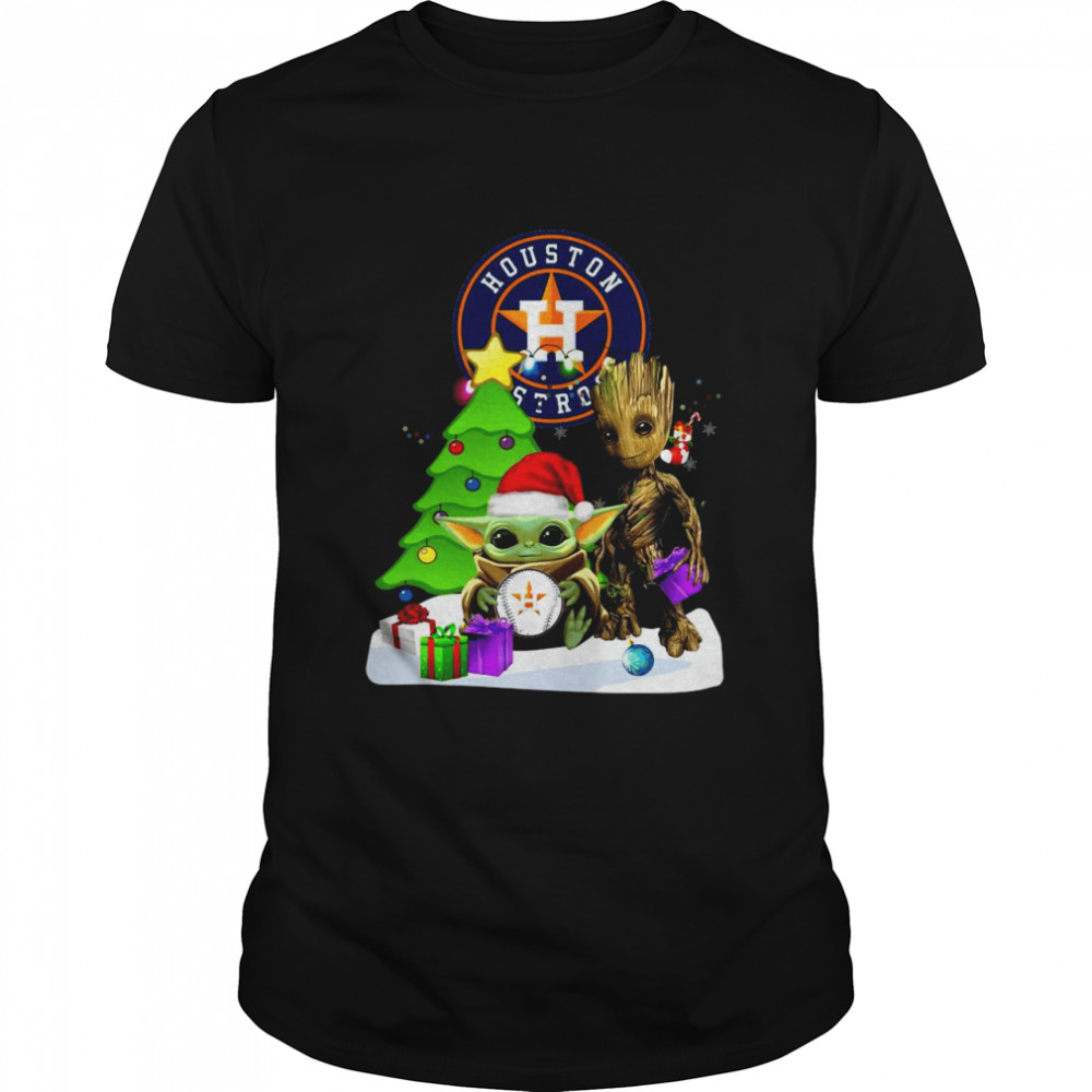 Santa Groot and Baby Yoda hug Houston Astros Snow Christmas Tree shirt