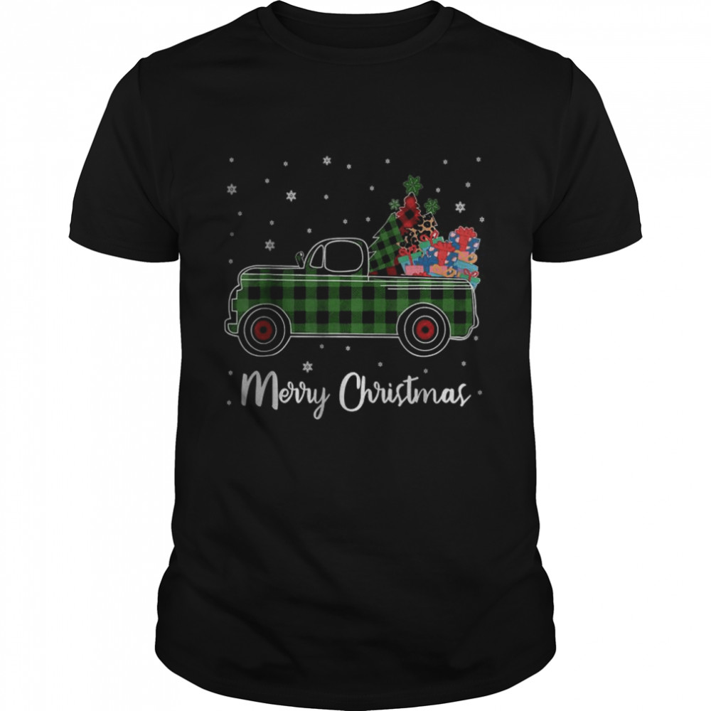 Merry Christmas Leopard Buffalo Truck Tree Green Plaid T-Shirt