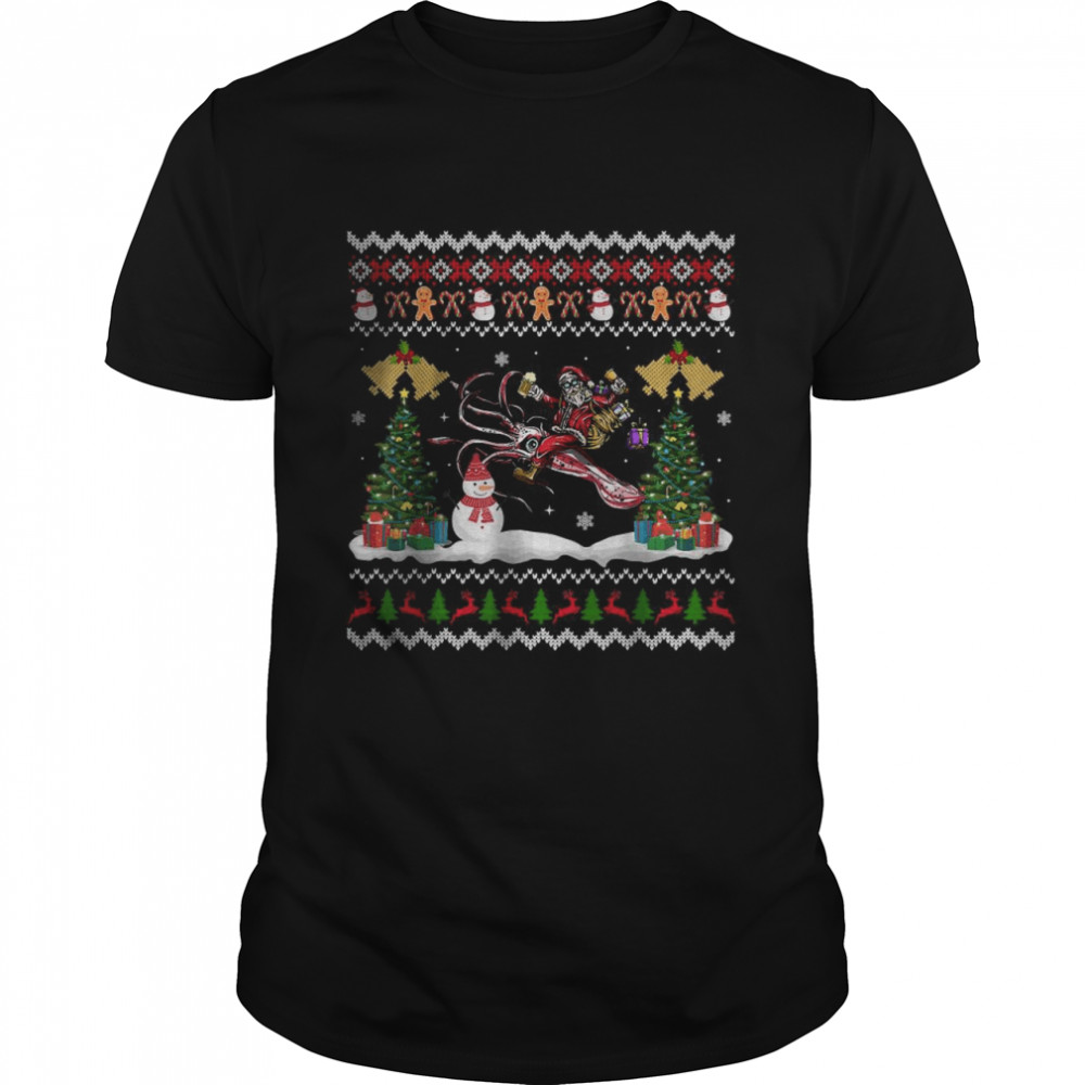 Squid Xmas Beer Santa Riding Squid Ugly Christmas T-Shirt