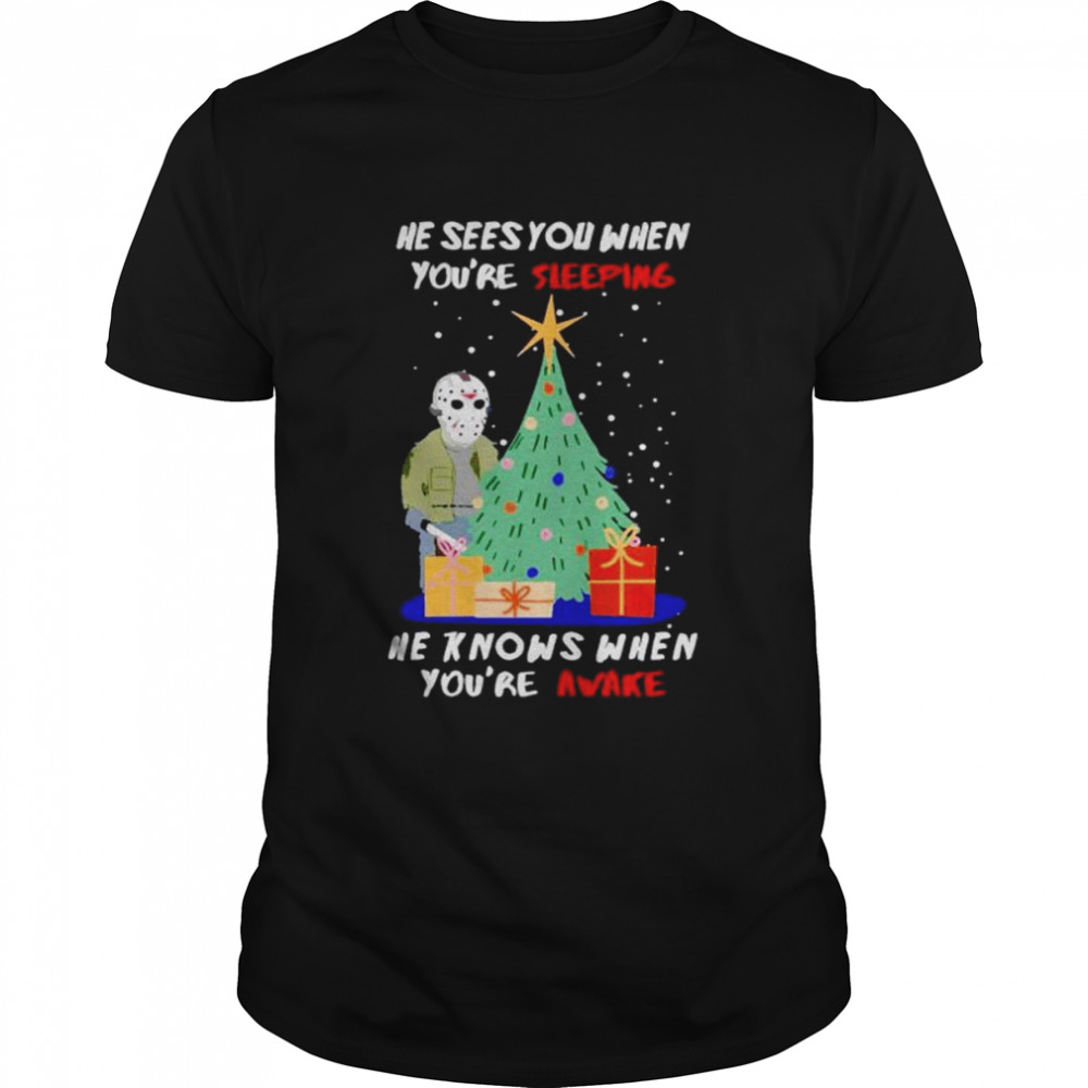 Jason Voorhees he sees you when you’re sleeping he knows when you_re awake Christmas shirt