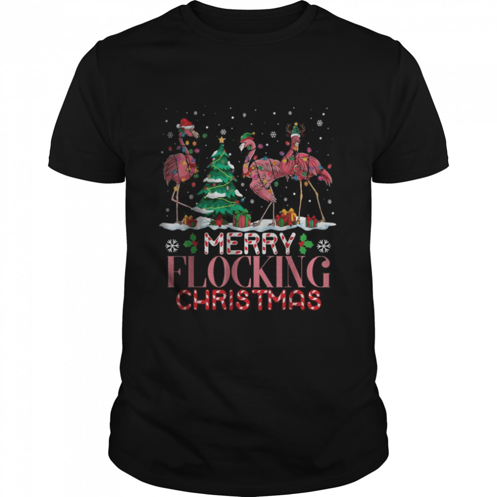 Beautiful Merry Flocking Christmas Flamingo Pink In Santa Hat shirt