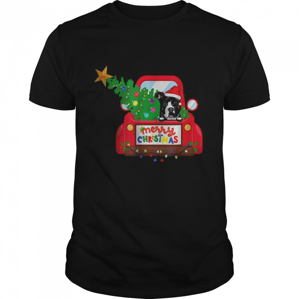 Pit Bull Dog Riding Red Truck Christmas Holiday T-Shirt