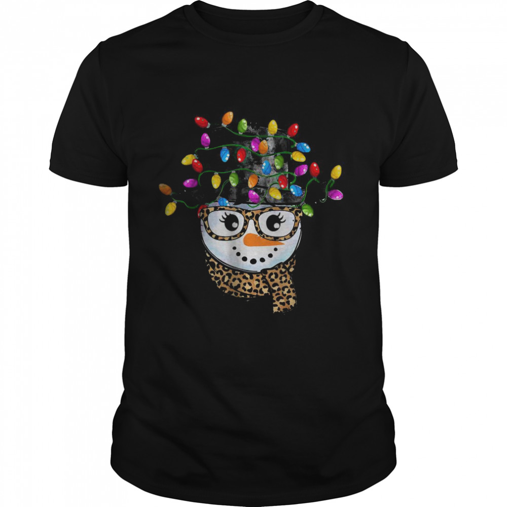 Snowman Face Leopard Scarf And Christmas Lights T-Shirt