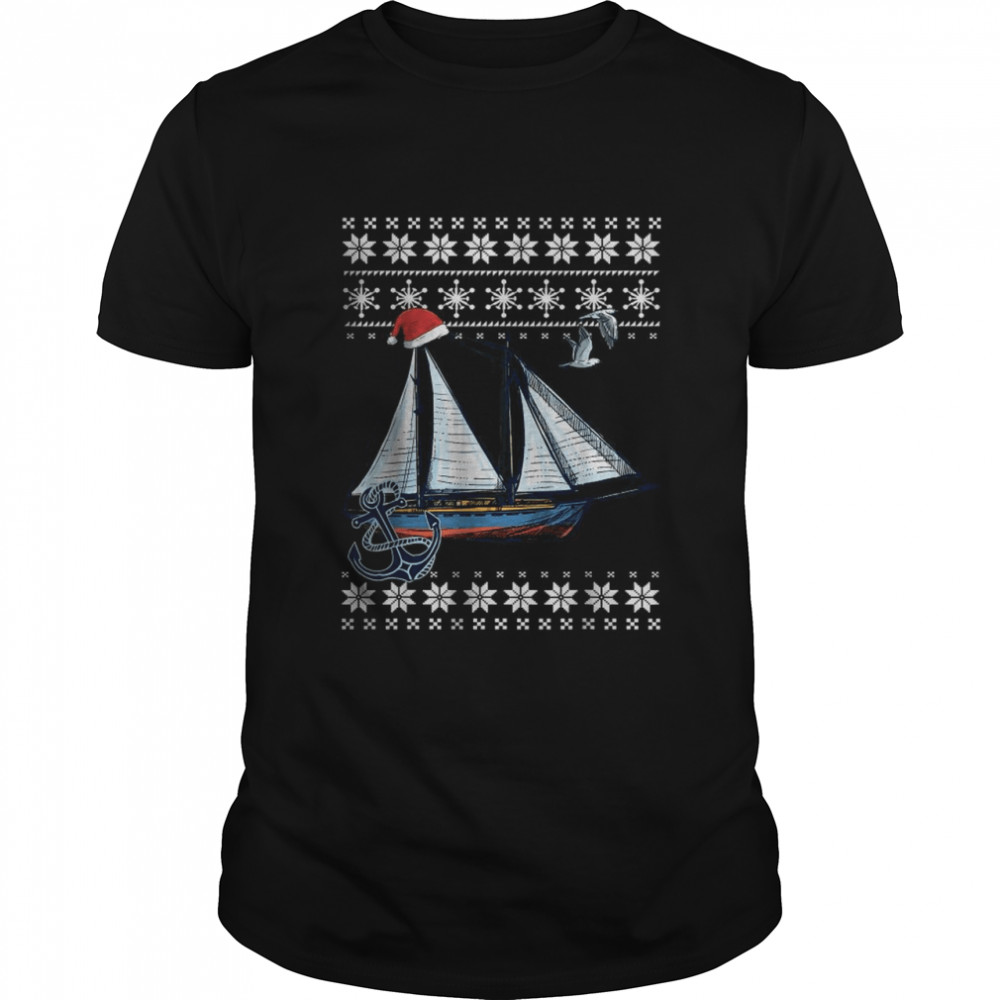 Ugly Sailing Merry Christmas Holiday Sweater Santa Hat Xmas T-Shirt