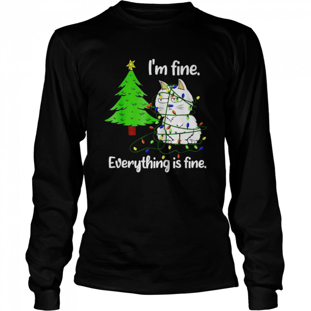cat Christmas light I’m fine everything is fine shirt Long Sleeved T-shirt