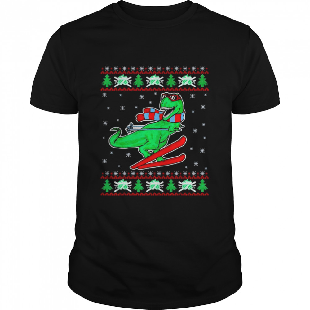 T-Rex skiing ugly christmas shirt