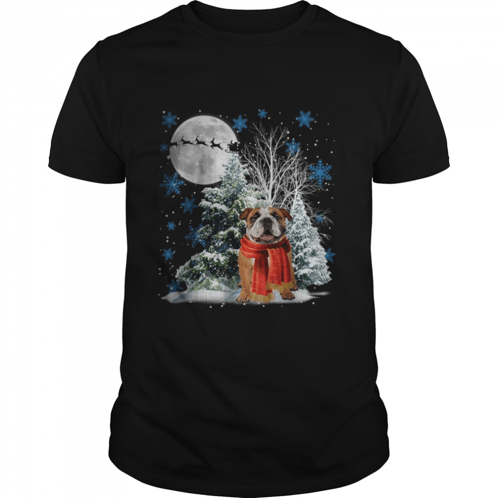 Bulldog Under Moonlight Snow Christmas Pajama T-Shirt