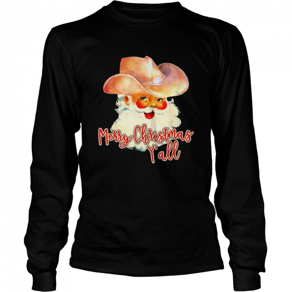 Santa Claus Merry Christmas Yall Western Country Cowboy shirt Long Sleeved T-shirt