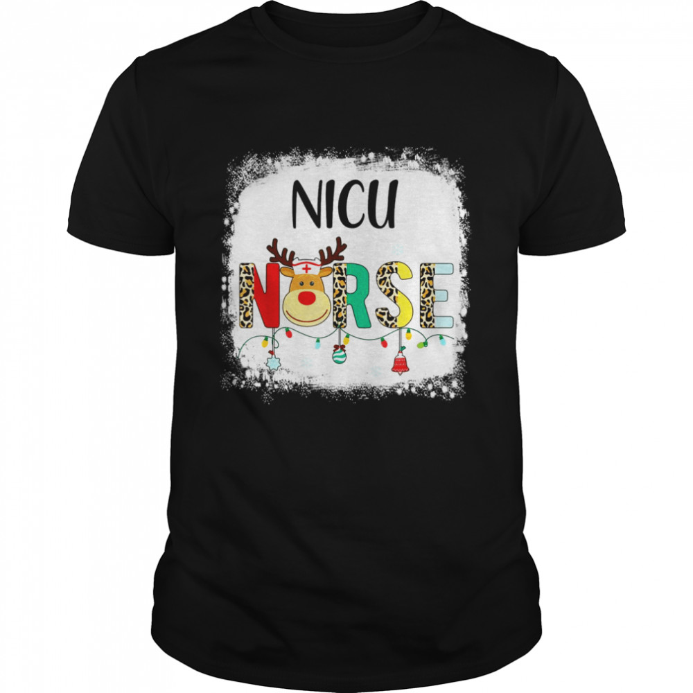 Bleached NICU Nurse Christmas Reindeer Xmas Lights Leopard Shirt