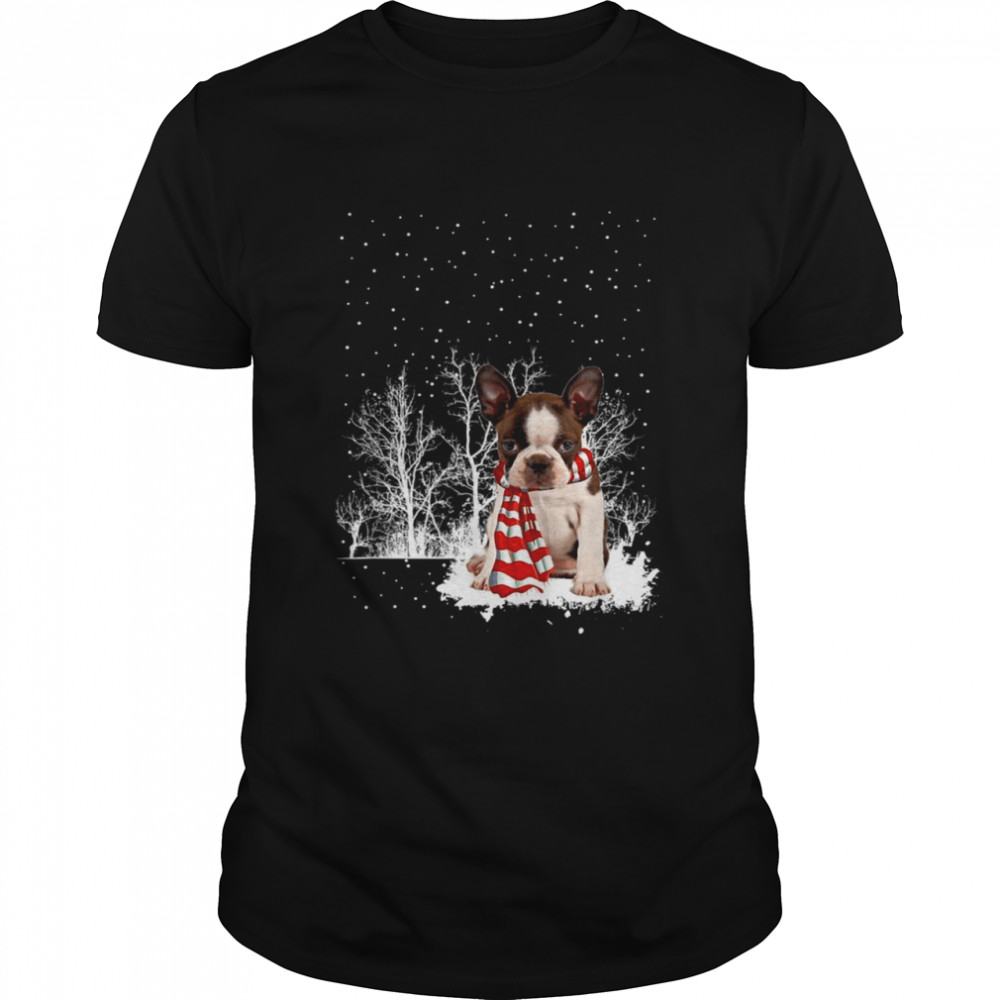 Dog Snow Scarf Boston Terrier Christmas Forest Tree Xmas Shirt