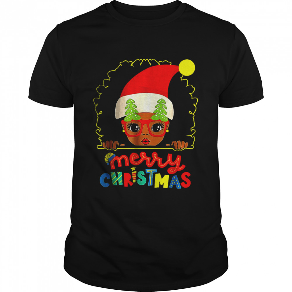 Afro Black Girl Glasses Santa Melanin Merry Christmas T-Shirt