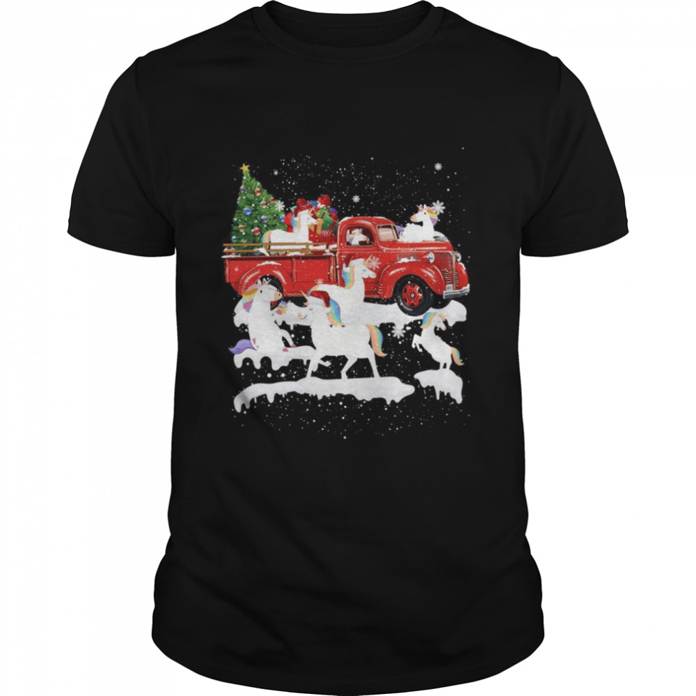 Unicorn Riding Red Truck Xmas Merry Christmas Shirt