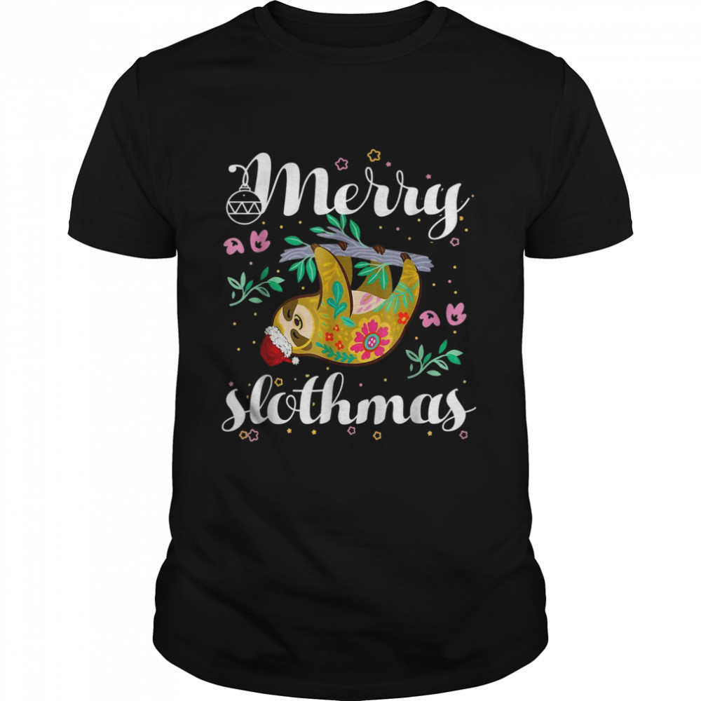 Merry Christmas Slothmas Santa Hat Sloth Xmas Lights Shirt